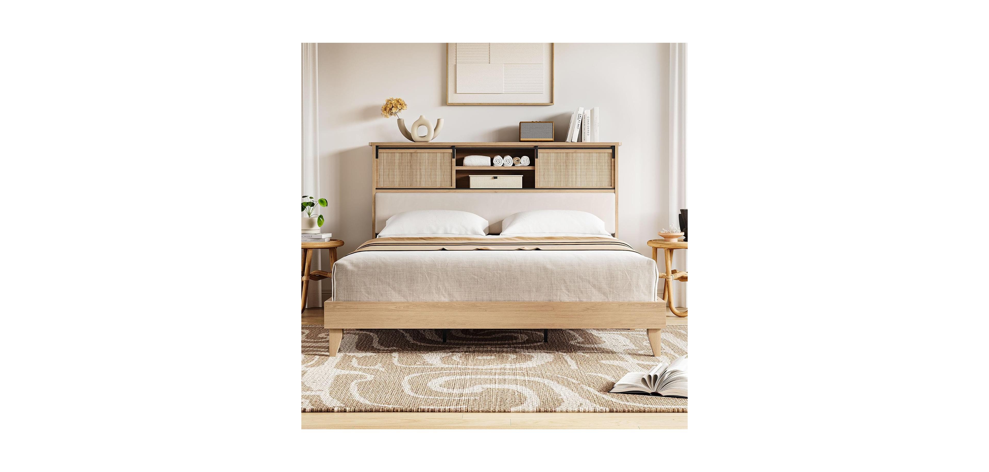 Gaomon King Size Rattan Bed Frame with Headboard & Storage Shelves, Boho Solid Wood Platform Bed, Sliding Door Shelf, Noise-Free