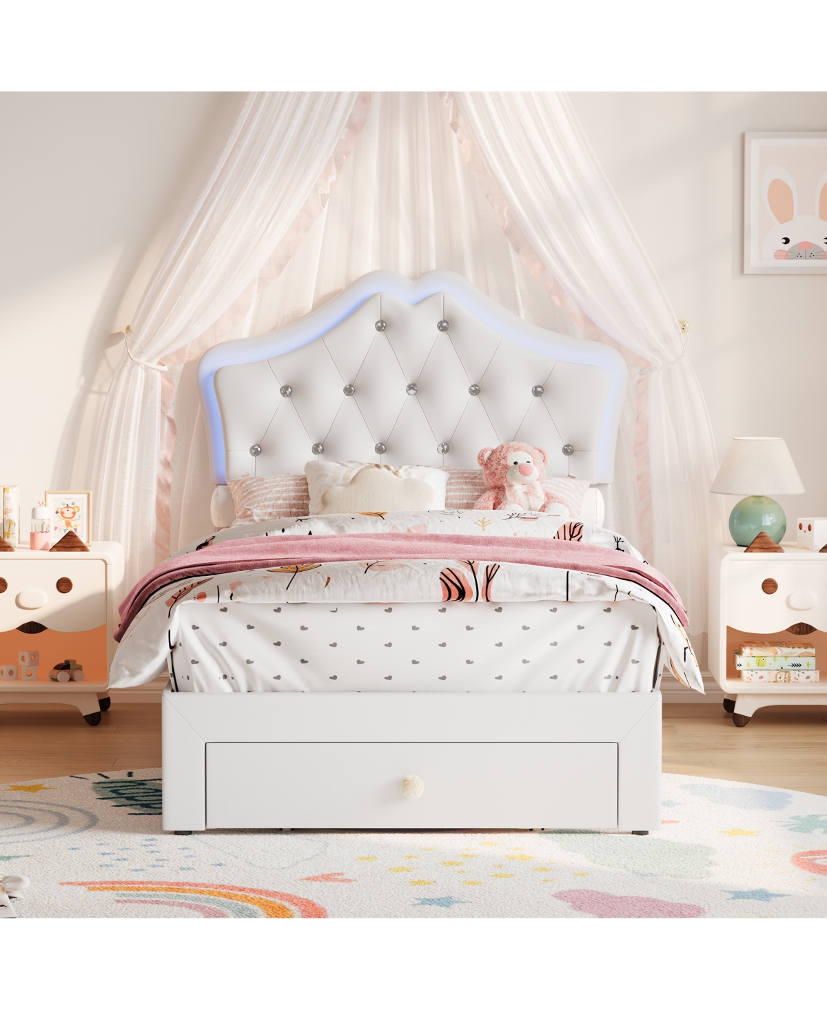 Gaomon Twin Size Upholstered Bed Frame with Led Headboard Lights & Storage Drawer, Noise Free, Platform Bed for Kids and Teens