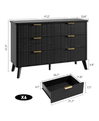 Fluted Dresser for Bedroom with 6 Deep Drawers, 47in Tall Chest of Drawers with Faux Marble Top, Curved Profile Design, Black