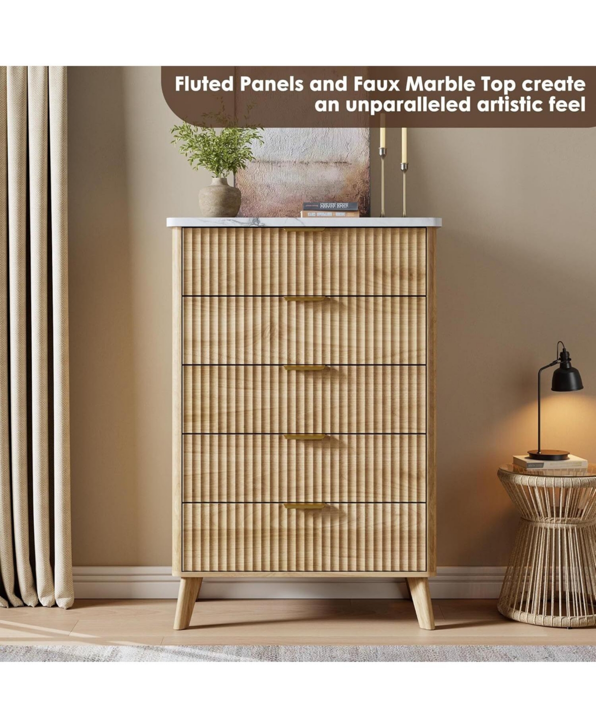 gaomon Fluted Dresser for Bedroom with 5 Deep Drawers, 47in Tall Chest of Drawers with Faux Marble Top, Curved Profile Design, White with Walnut Top