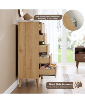 Fluted Dresser for Bedroom with 5 Deep Drawers, 47in Tall Chest of Drawers with Faux Marble Top, Curved Profile Design, White with Walnut Top