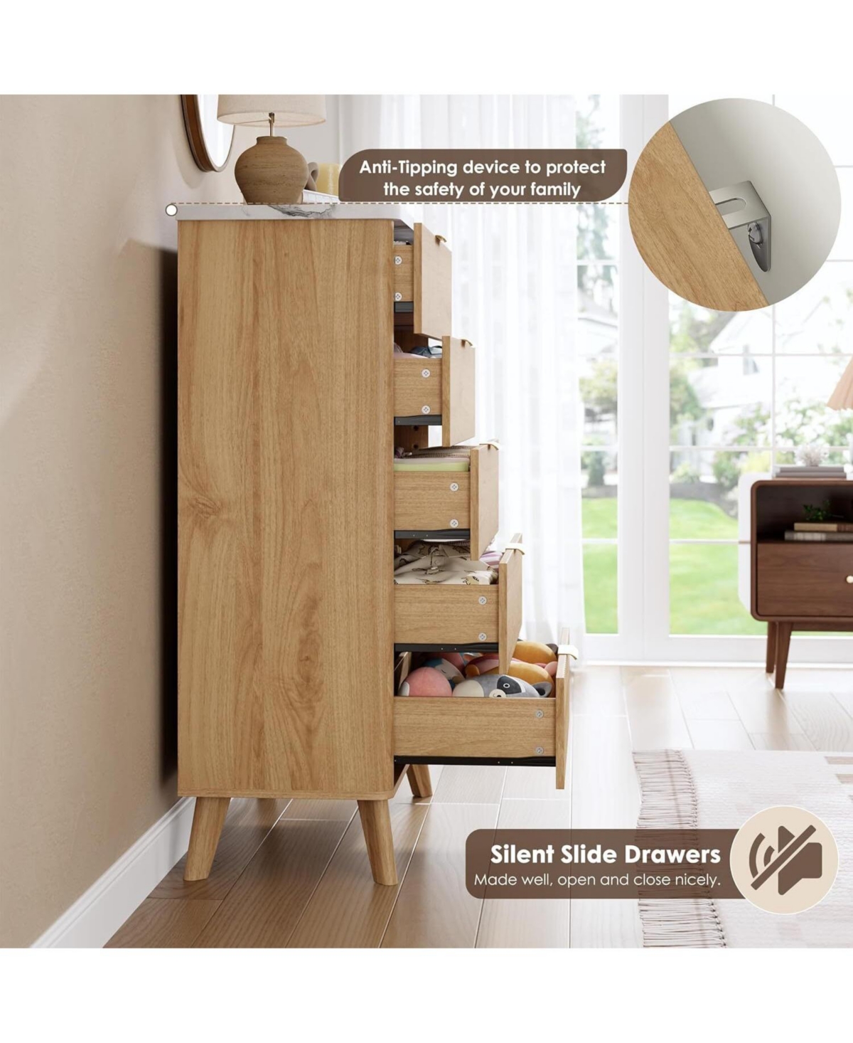 gaomon Fluted Dresser for Bedroom with 5 Deep Drawers, 47in Tall Chest of Drawers with Faux Marble Top, Curved Profile Design, White with Walnut Top