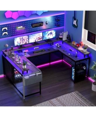 78" Wooden Power Outlets & RGB LED, Reversible L-Shaped Home Office Desk with Storage U-Shaped Gaming Computer Desk