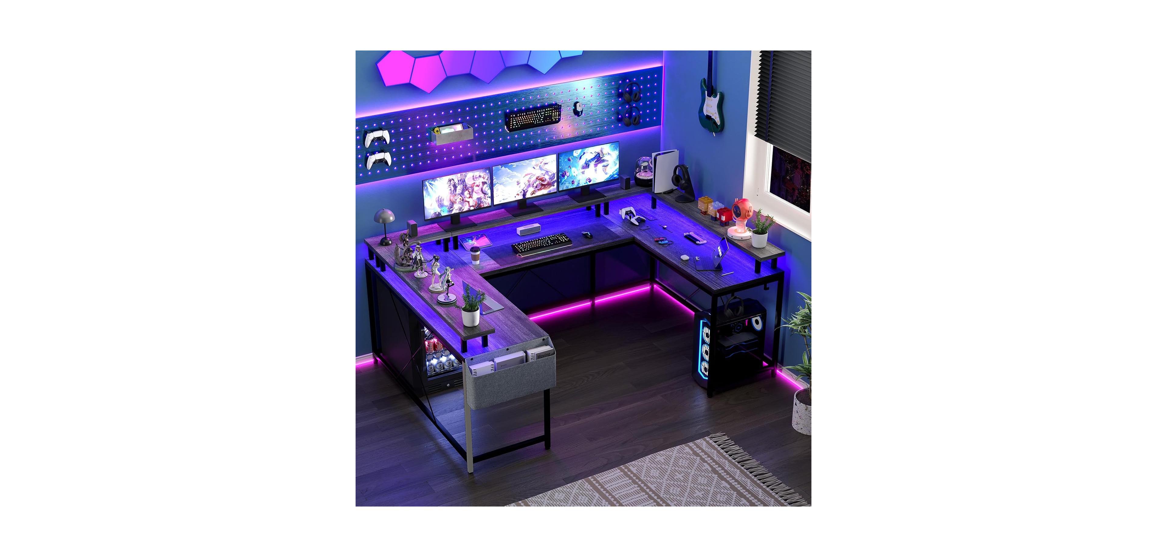 gaomon 78" Wooden Power Outlets & Rgb Led, Reversible L-Shaped Home Office Desk with Storage U-Shaped Gaming Computer Desk