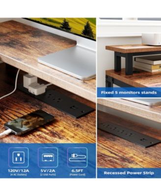 55" Brown L-Shaped Desk with Drawer & LED, Versatile Corner Home Office Desk with USB Charging, Power Outlet, Monitor Stand