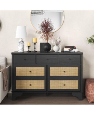 7-Drawer Modern Dresser for Bedroom, Wood Chest with Natural Rattan Fronts, Sturdy Base, Organizer for Living Room, Entryway, Hallway