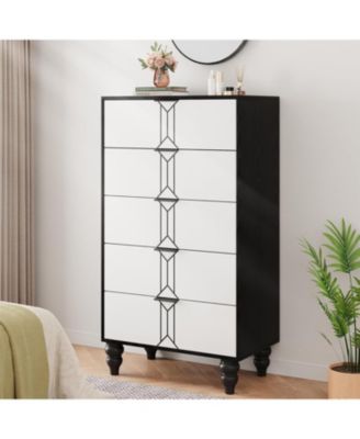 5-Drawer Modern Wooden Tall Dresser, Vintage Pattern Design, Deep Drawers for Bedroom, Living Room, Entryway
