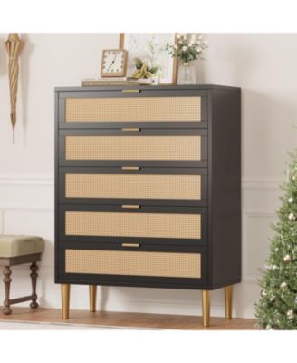 5-Drawer Rattan Dresser, 44" Tall, Farmhouse Wood Vertical Chest with Metal Legs & Handles, Bedroom, Living Room, Black