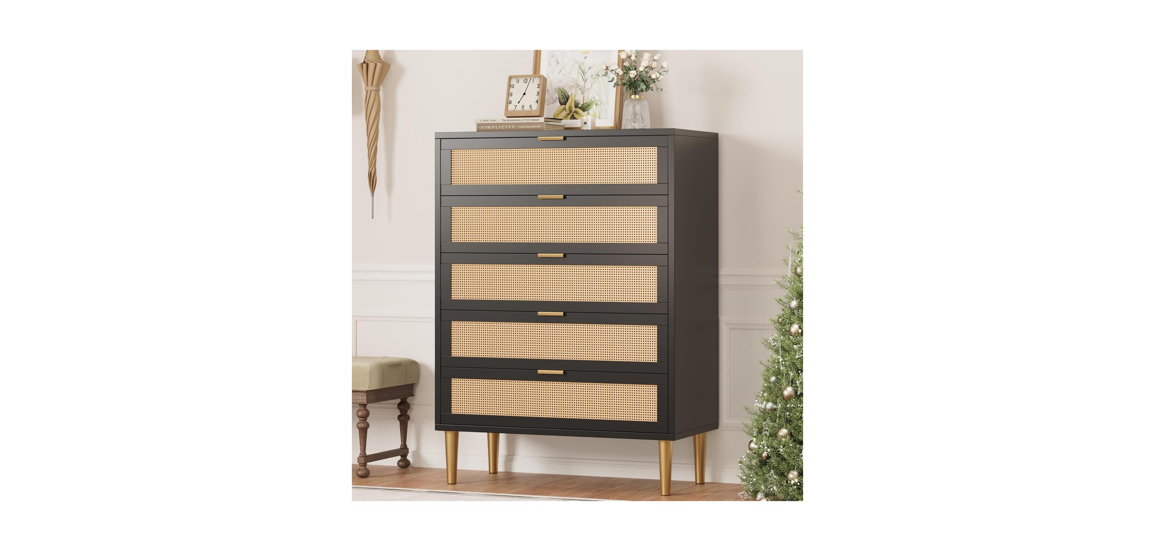gaomon 5-Drawer Rattan Dresser, 44" Tall, Farmhouse Wood Vertical Chest with Metal Legs & Handles, Bedroom, Living Room, Black