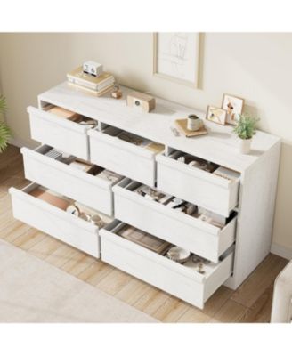 7-Drawer Modern Double Dresser Organizer, Large Storage Wooden Chest for Bedroom, Living Room, Nursery, White