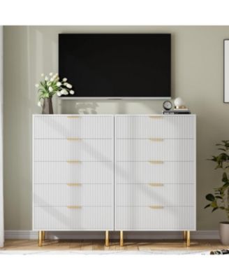 5-Drawer Modern White Dresser, Wood Chest Organizer with Gold Handle, Tall Cabinet for Bedroom, Living Room, Entryway