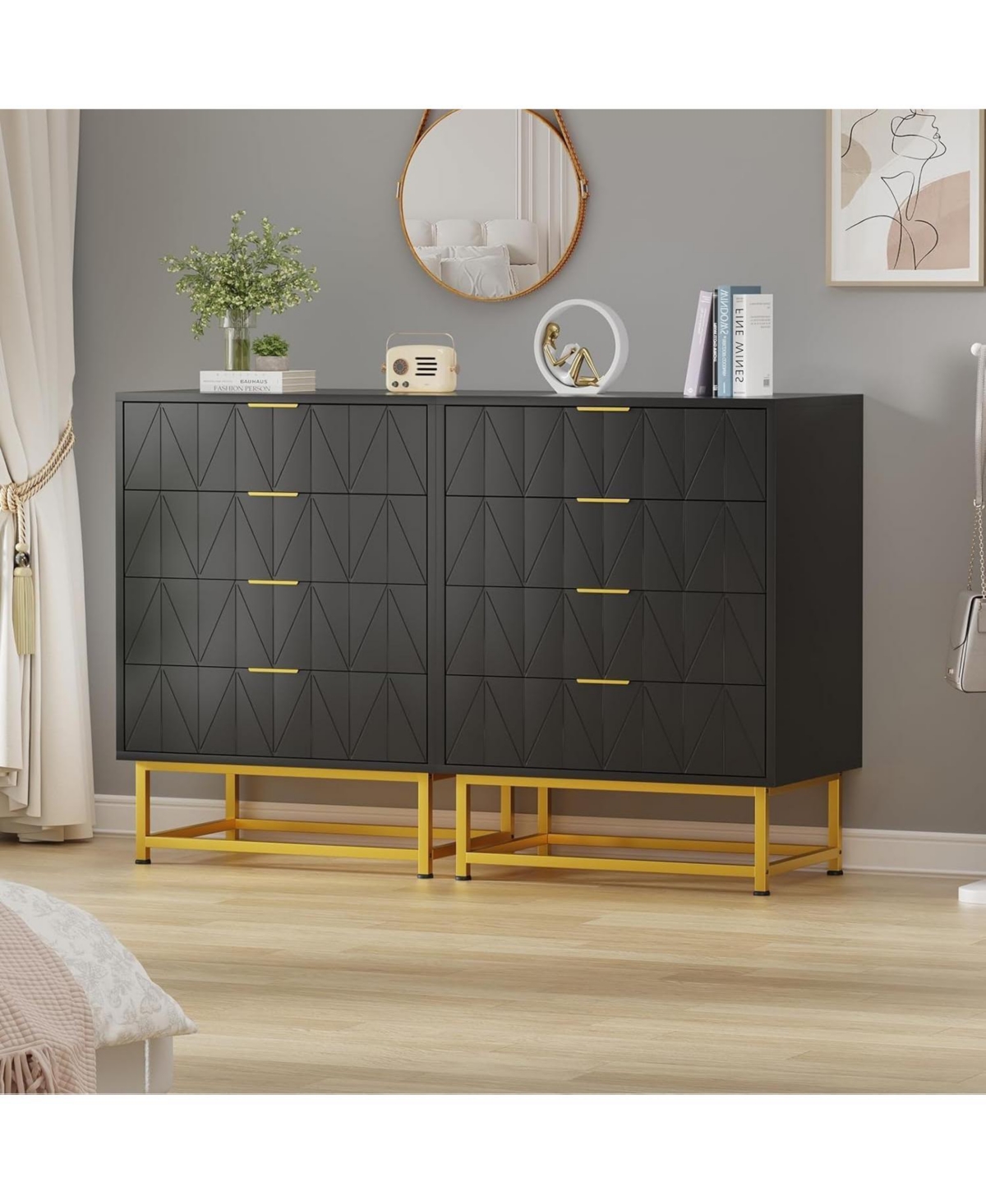 gaomon 4-Drawer White Mdf Dresser, Gold Metal Legs & Handles, Rust-Resistant Painted Finish, Bedroom, Living Room