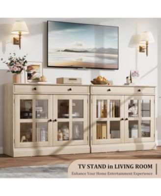 35.4 Inch Oak Sideboard Buffet Cabinet, Glass Door, Drawer Storage, Modern Dining Room, Kitchen Cabinet