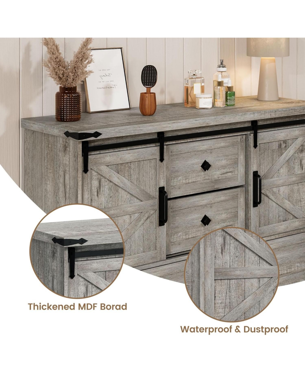 gaomon 4-Drawer Farmhouse Painted Engineered Wood Dresser, Sliding Barn Doors, Removable Divider, Bedroom, Grey
