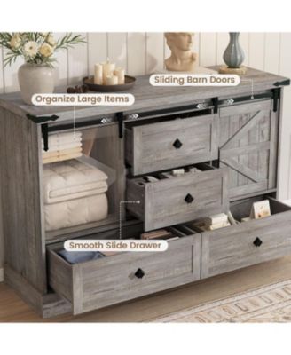 4-Drawer Farmhouse Painted Engineered Wood Dresser, Sliding Barn Doors, Removable Divider, Bedroom, Grey