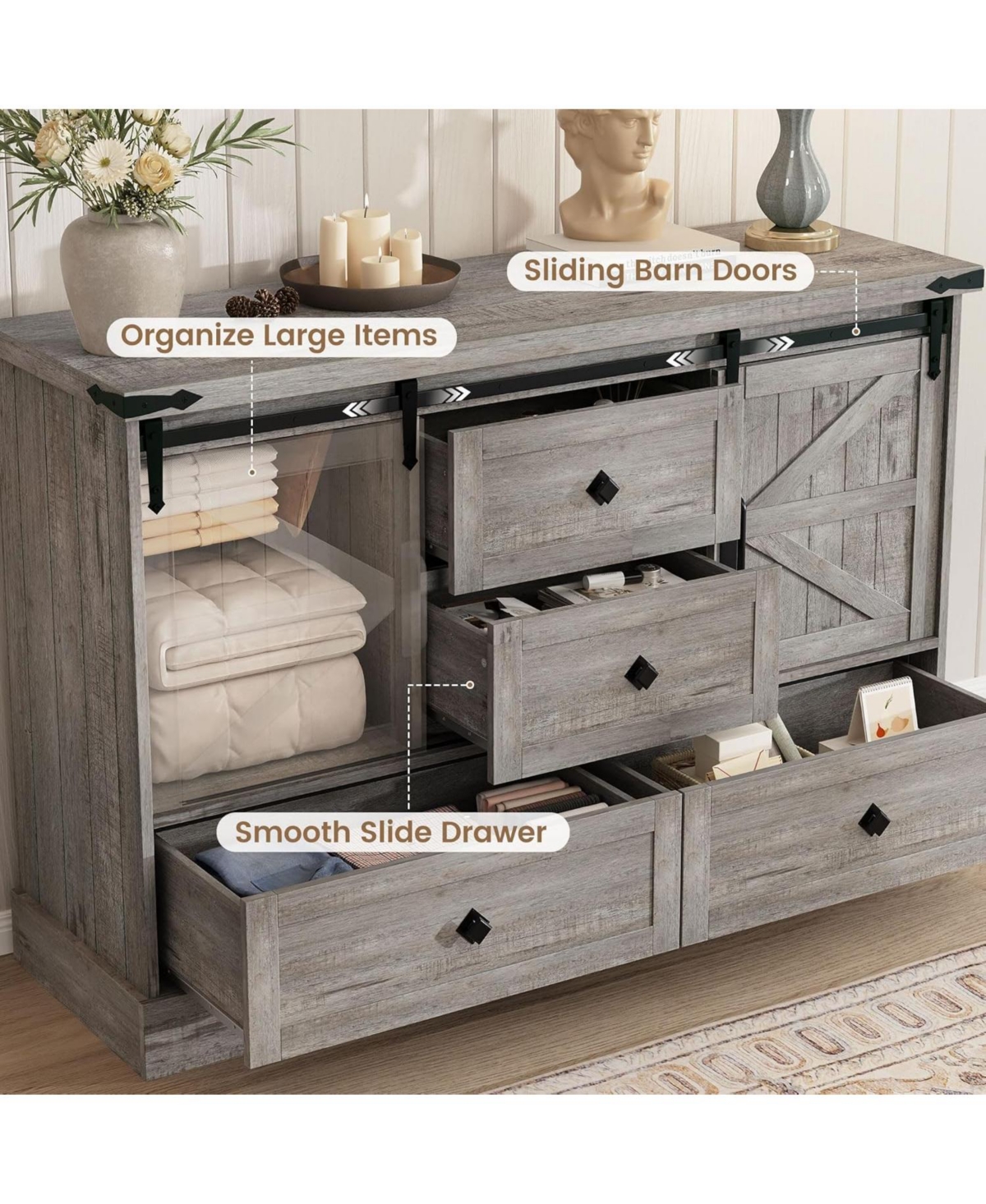 gaomon 4-Drawer Farmhouse Painted Engineered Wood Dresser, Sliding Barn Doors, Removable Divider, Bedroom, Grey
