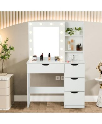 36 Inch Makeup Vanity Table with Lights, Lighted Mirror, Power Outlet, Modern Bedroom Dressing Desk