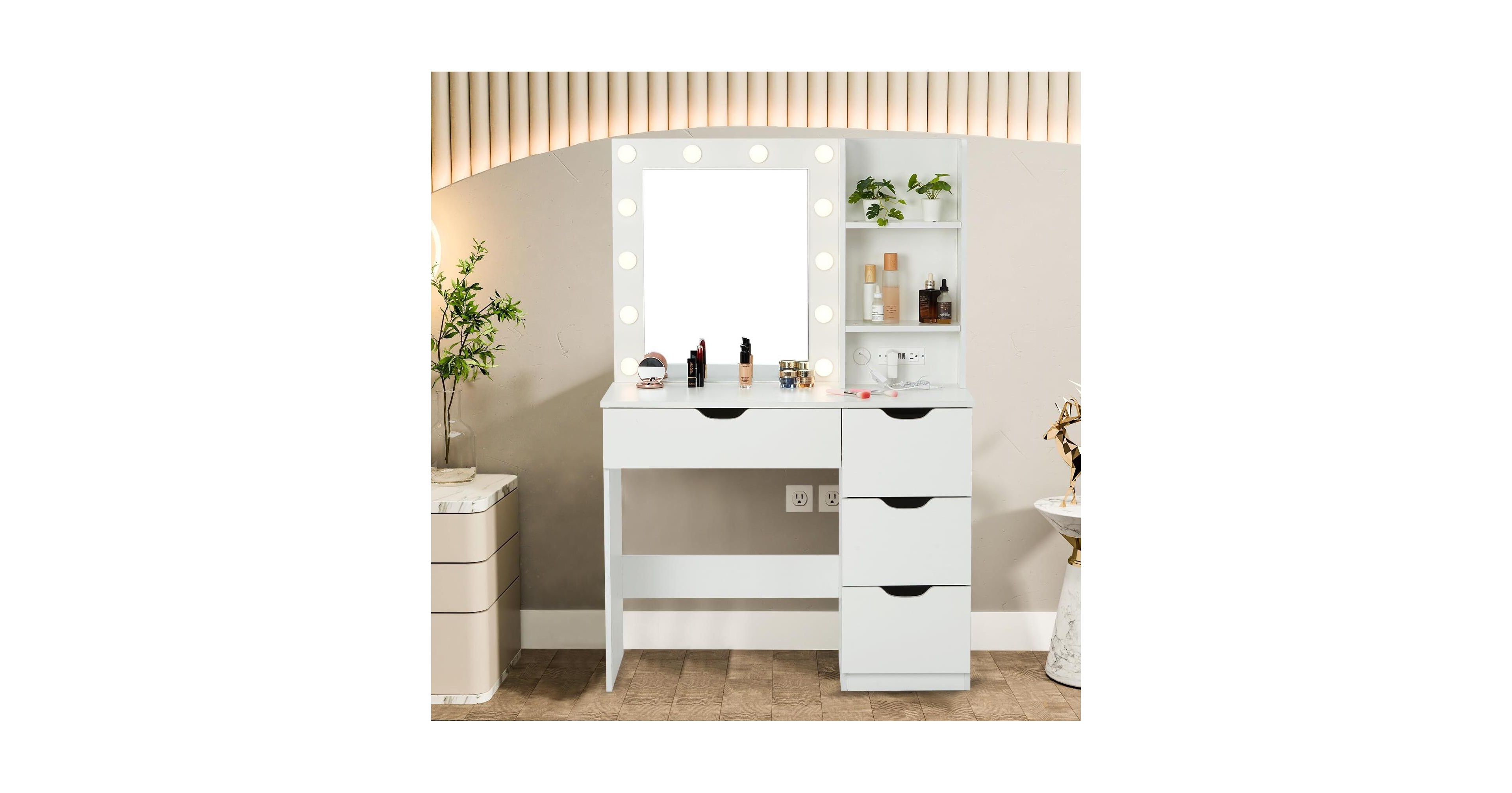 gaomon 36 Inch Makeup Vanity Table with Lights, Lighted Mirror, Power Outlet, Modern Bedroom Dressing Desk