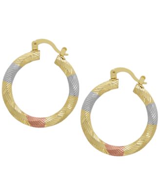 14k Gold Plated Brass Tri-Color Diamond-Cut Hoop Earrings