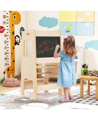 Girls Kitchen Step Stool with Activity Chalkboard Adjustable Height & Safety Rail