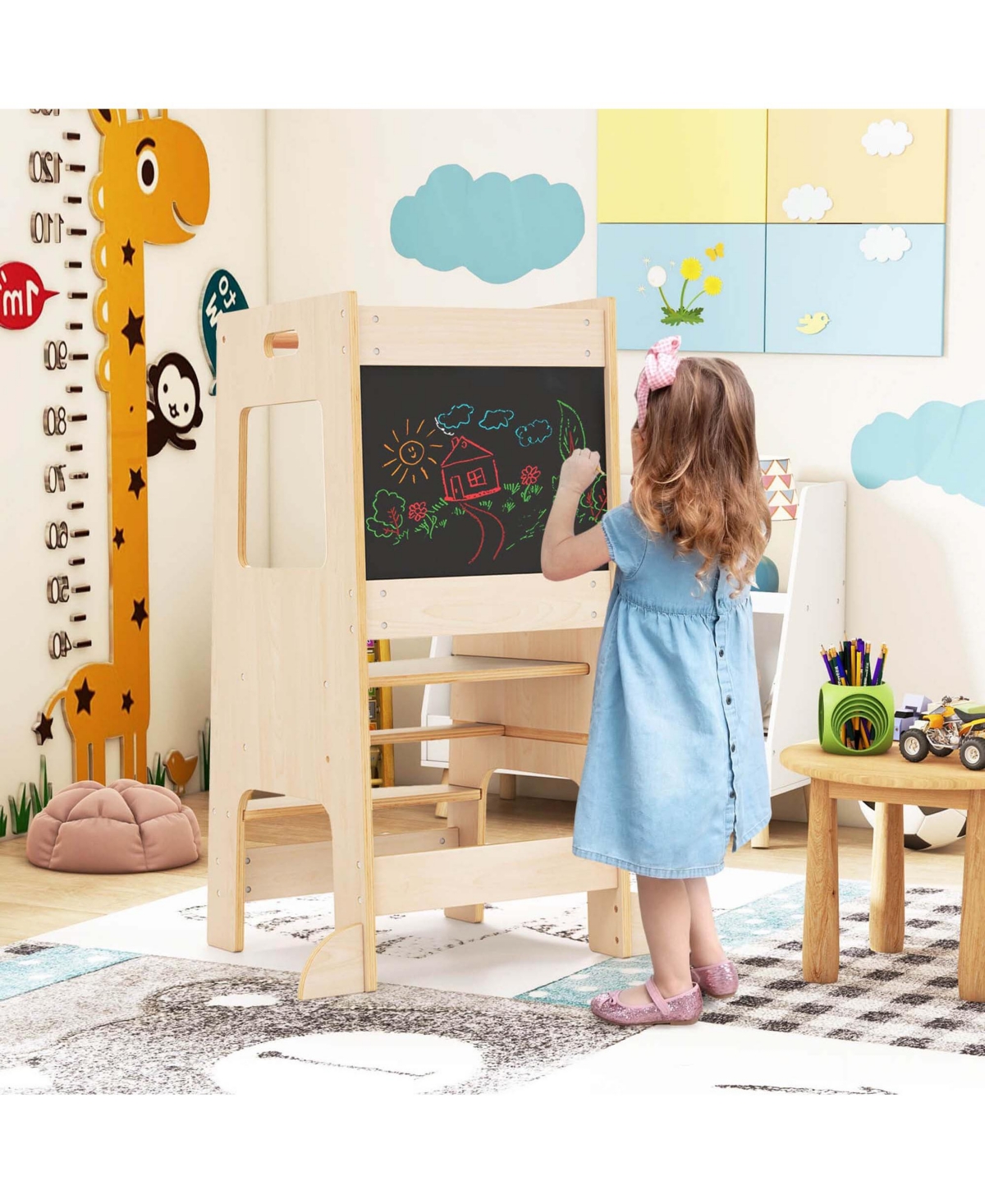 Costway Girls Kitchen Step Stool with Activity Chalkboard Adjustable Height & Safety Rail