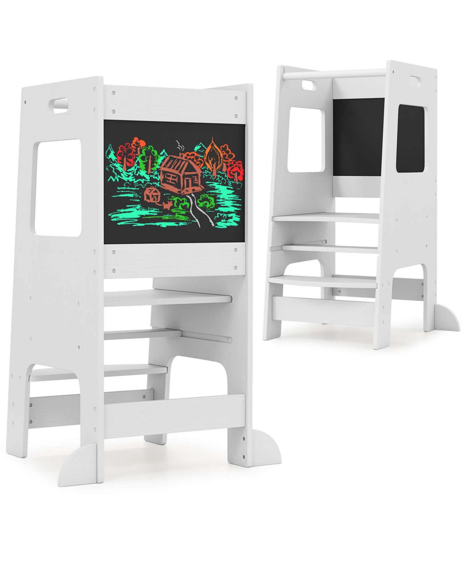 Toddler Kitchen Step Stool with Activity Chalkboard Adjustable Height & Safety Rail