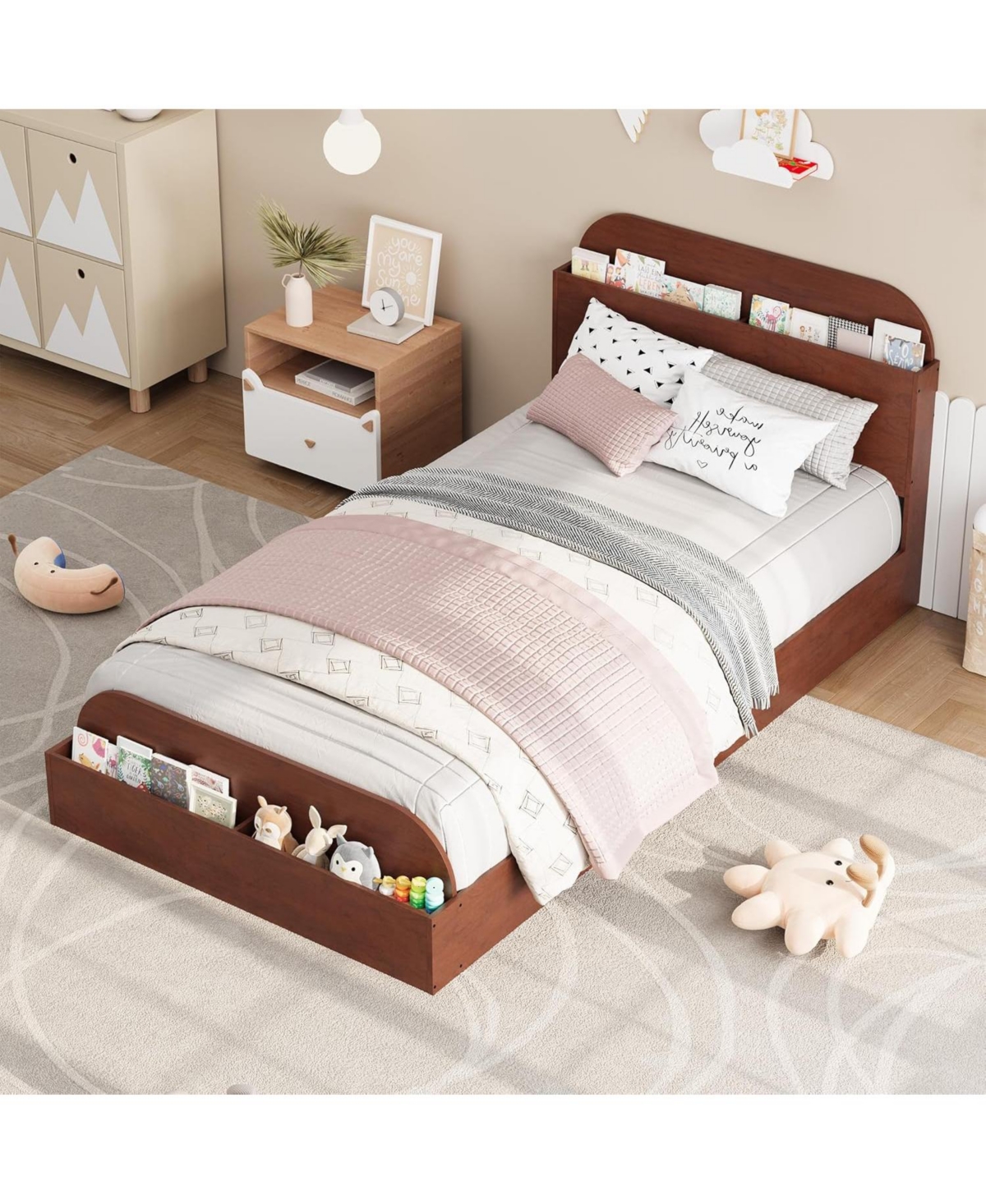 Gaomon Twin Kids Bed Frame with Storage Headboard & Footboard, Low Profile Wood Platform, Sturdy Slats, No Box Spring Needed