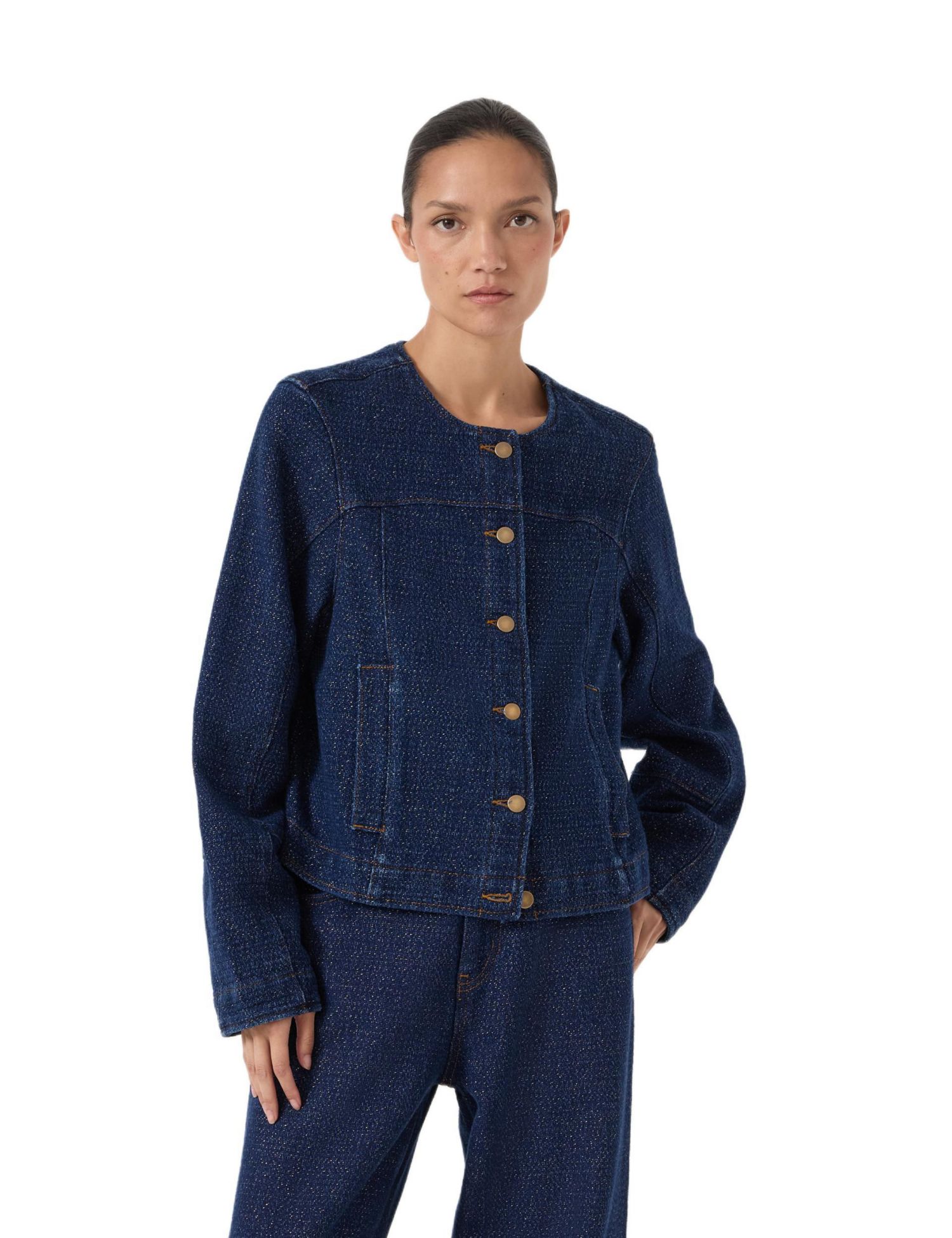 Women's Collarless Lurex Denim Jacket