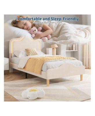 Upholstered LED Bed Frame with Headboard and Footboard Velvet Princess Platform Bedframe for Kids or Girls Wooden Slats Support No Box Spring