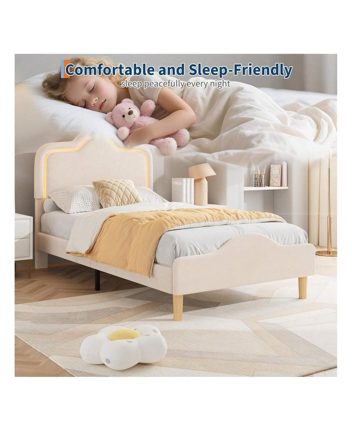 gaomon Upholstered Led Bed Frame with Headboard and Footboard Velvet Princess Platform Bedframe for Kids or Girls Wooden Slats Support No Box Spring