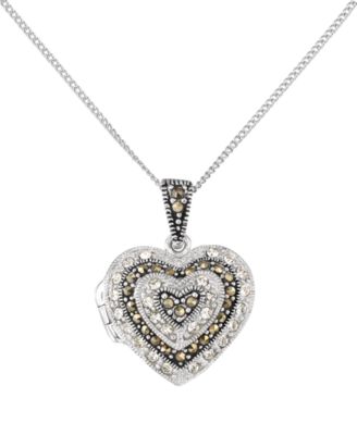 Marcasite (0.11 ct. t.w.) And Crystal Heart Locket Pendant Necklace in Sterling Silver