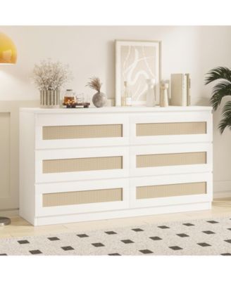 Rattan 6 Drawer Dresser for Bedroom, Modern Double Dresser with Anti-Tip Kit, Chest Organizer