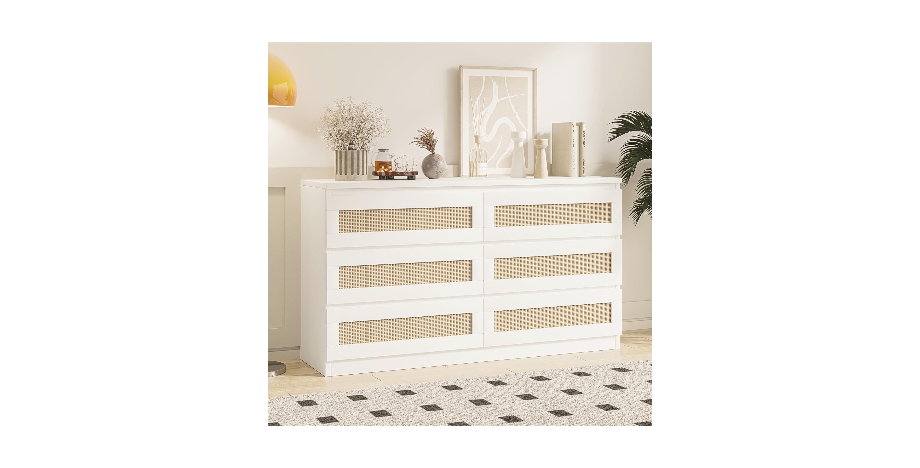 gaomon Rattan 6 Drawer Dresser for Bedroom, Modern Double Dresser with Anti-Tip Kit, Chest Organizer