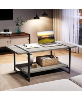 2-Tier Large Coffee Table 41" Wood with Storage Shelf, Farmhouse Metal Frame, Living Room