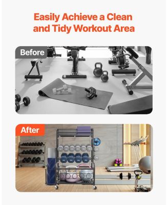 Yoga Mat Storage Rack, Steel Organizer with Hooks and Wheels for Dumbbells, Kettlebells and Fitness Accessories