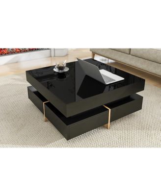High Gloss Coffee Table with 4 Drawers, Multi Storage, Wood Grain Legs