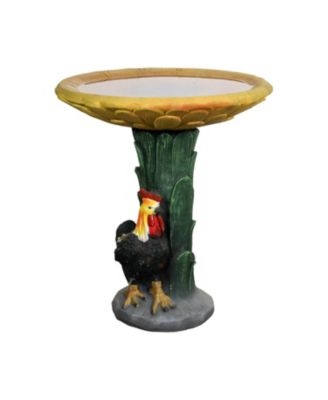 23" H Outdoor Concrete Bird Bath - Sunflower Bowl with Leaf Pedestal & Rooster/Chicken Garden Statue, 20” Dia x 23” H