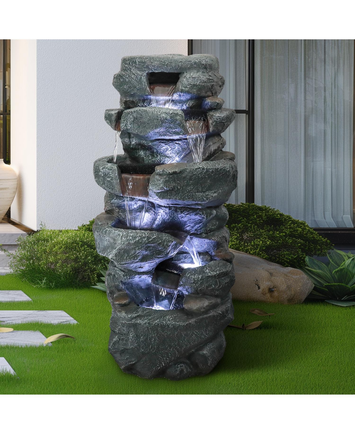 Sunjet 40.5" H 5-Tier Concrete Water Fountain – Indoor/Outdoor Cascading Waterfall with Built-in Led Lights for Home, Garden, Backyard Dec