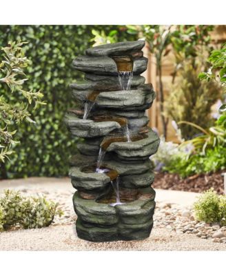 30.7" Outdoor Water Fountain - 6-Tier Rock Waterfall Fountain with LED Lights for Garden, Patio, Yard & Home Decor