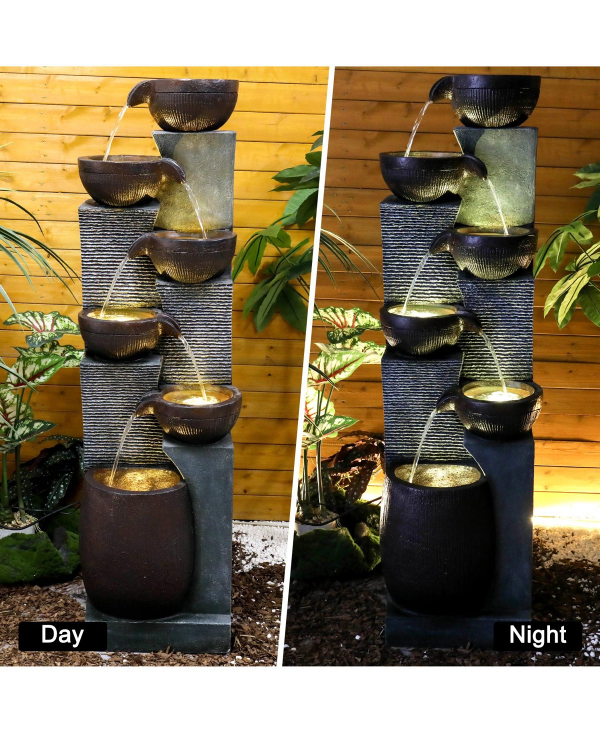 Sunjet 53.5" High 6-Tier Outdoor Indoor Water Fountain, Polyresin Cascading Waterfall with Led Lights for Garden, Patio, Yard, Home Decor