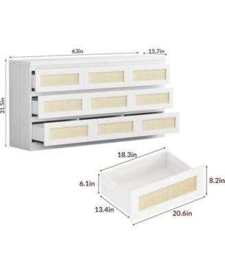 Rattan Dresser for Bedroom, 9 Drawer Dresser with Charging Station