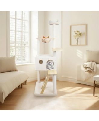 Cat Tree with large condo wood ladder in White