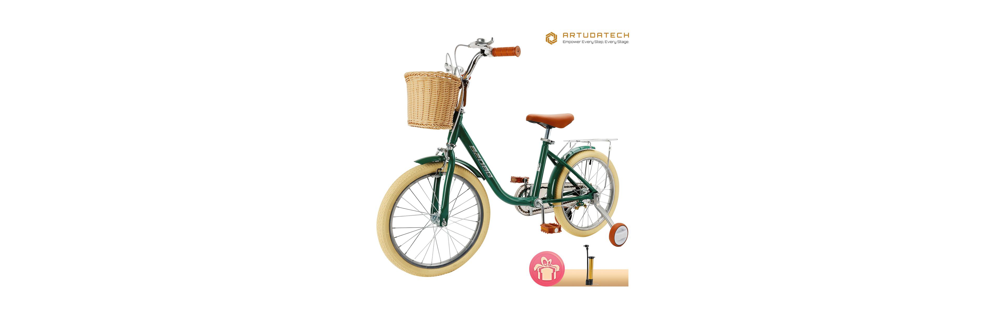 Artudatech 18-Inch Kids Bike, Growing Gift for Ages 6-10 with Basket, Comfort Seat & Training Wheels