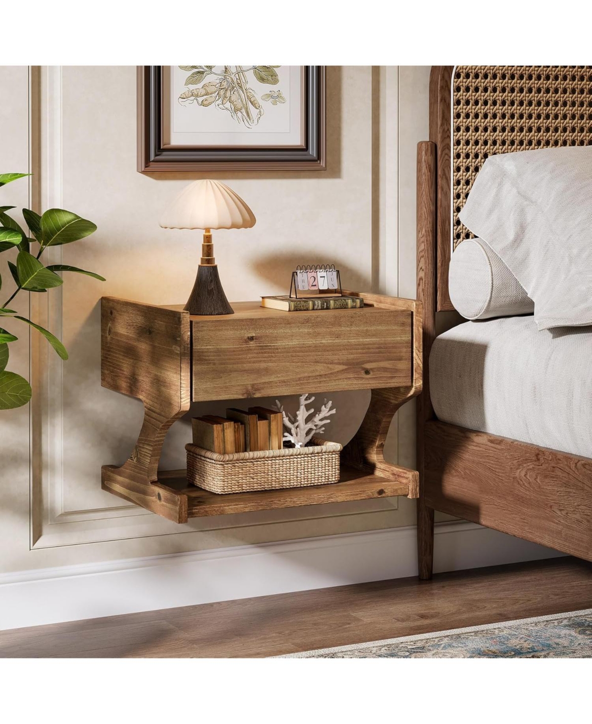 Tribesigns Solid Wood Floating Nightstand, Wall Mounted Bedside Table