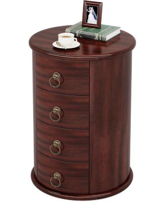 Solid Wood End Table, Round Side Table with 4 Drawers