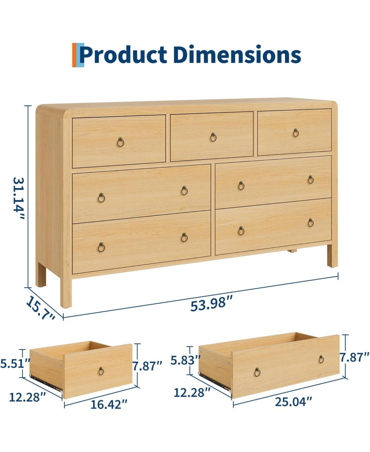 gaomon 7-Drawer Modern Bedroom Dresser in Natural Oak, Closet Storage Cabinet Organizer