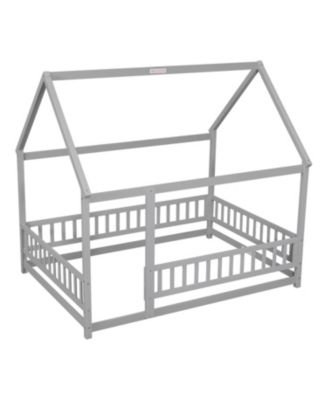 Wooden House Bed with Guardrails (Grey)