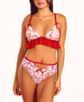 Women's 2PC Heart Lace and Ruffle Bralette and Panty Set Lingerie