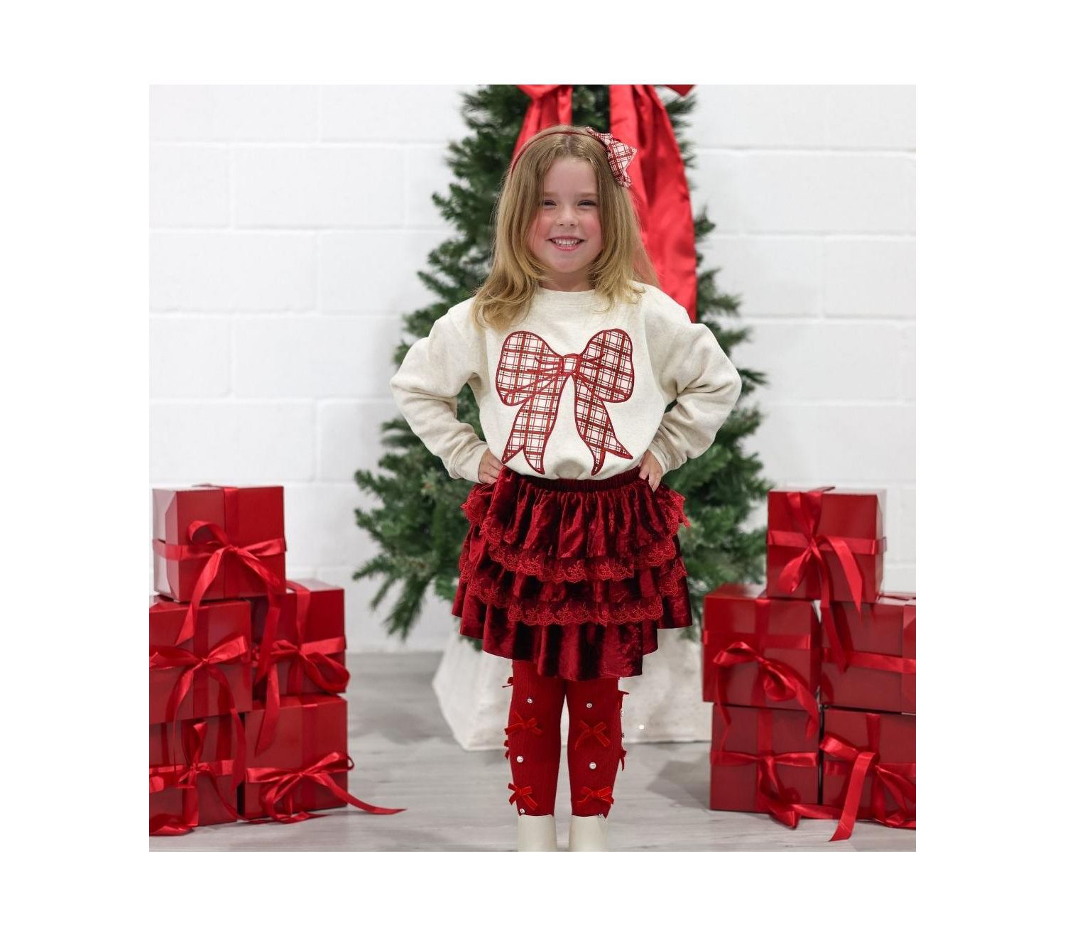 Little Girls Christmas Plaid Bow Patch Sweatshirt