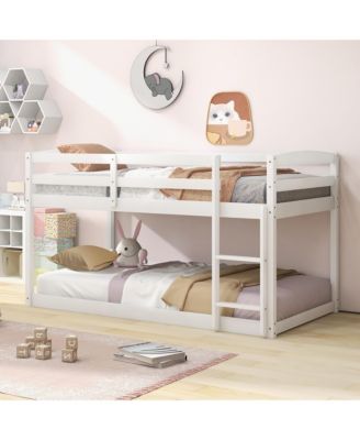 Twin over Twin Low Bunk Bed with Guardrails Integrated Ladder Kids Wooden